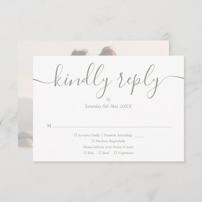 Sage Green Simple Elegant Script Photo Wedding RSVP Card (Front/Back)
