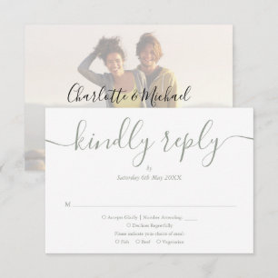 Sage Green Simple Elegant Script Photo Wedding RSVP Card