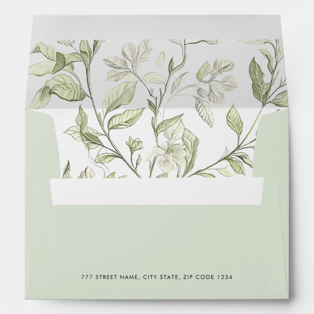 Sage Green Simple Elegant Script Vintage Leaves Envelope (Back (Bottom))