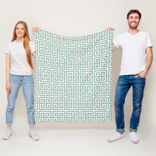 Sage Green Simple Geometric Greek Key Fleece Blanket