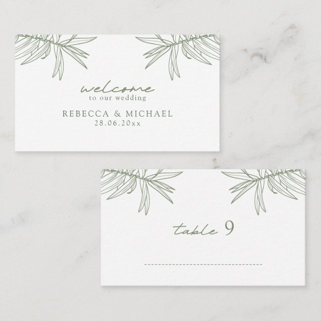 Sage Green Simple Hand Drawn Botanical Flat Place Card (Front/Back)