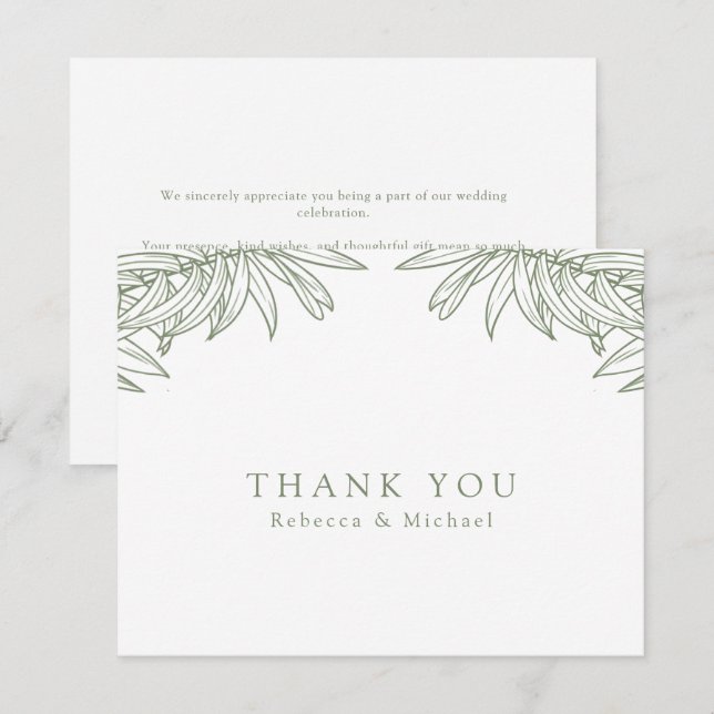 Sage Green Simple Hand Drawn Botanical Wedding Thank You Card (Front/Back)