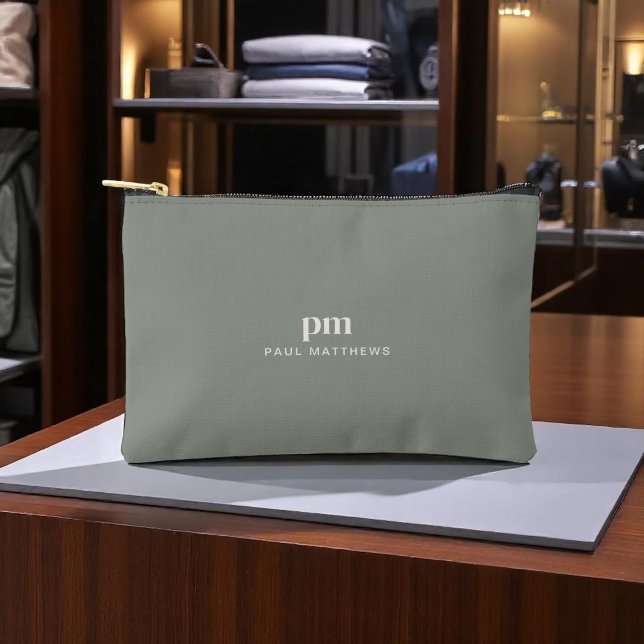 Sage Green Simple Minimalist Monogram and Name Accessory Pouch (Creator Uploaded)
