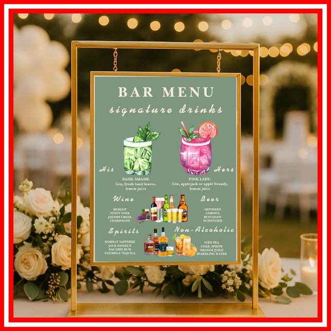 Sage Green | Simple Minimalist Wedding Bar Menu Poster (Creator Uploaded)