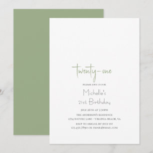 Sage Green Simple Modern Minimalist 21st Birthday Invitation