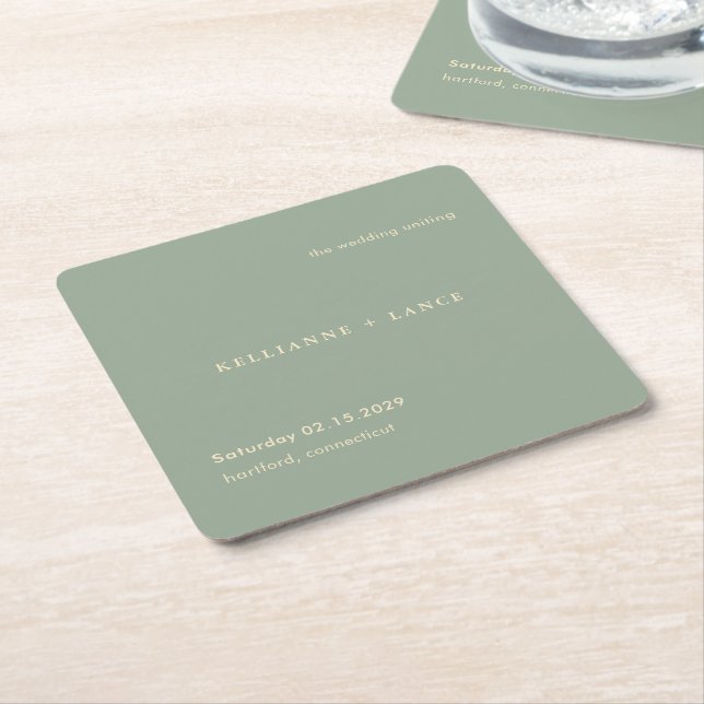 Sage Green Simple Modern Wedding Square Paper Coaster (Angled)