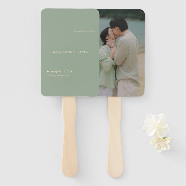 Sage Green Simple Photo Modern Wedding Hand Fan (Front and Back)