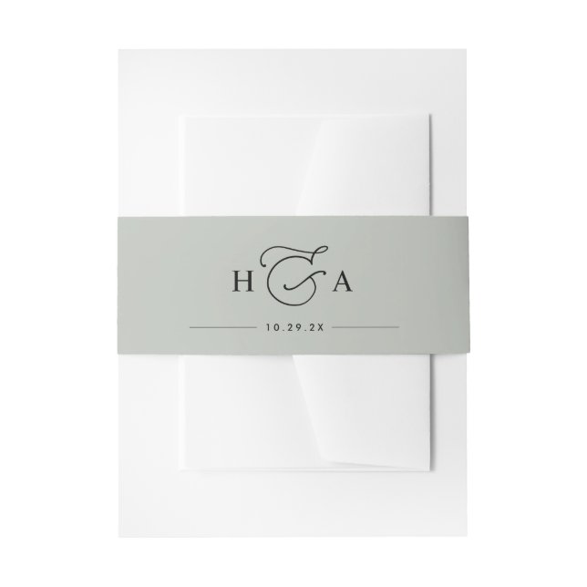 Sage Green Simple Script Monogram Wedding Invitation Belly Band (Front Example)