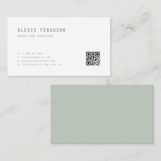 Sage Green Simple Typography QR Code Minimalist Business Card (Front/Back)