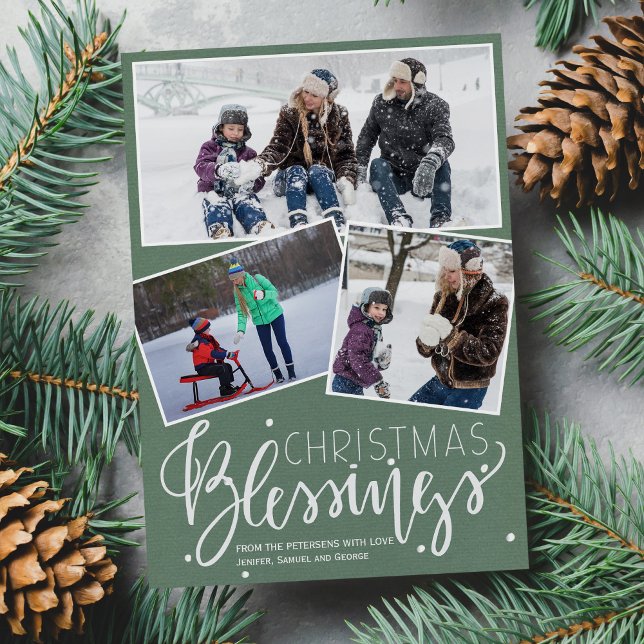 Sage green snowing Christmas blessings 3 photos Holiday Card (Creator Uploaded)