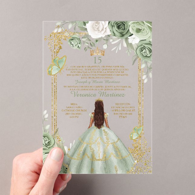 Sage Green Spanish Gold 15 Años Princess Birthday Acrylic Invitations (Insitu (Handheld))
