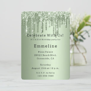 Sage Green Sparkle Glitter Drips Birthday Invitation
