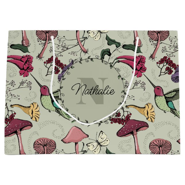 Sage Green Spring Garden Hummingbird Floral Large Gift Bag (Front)