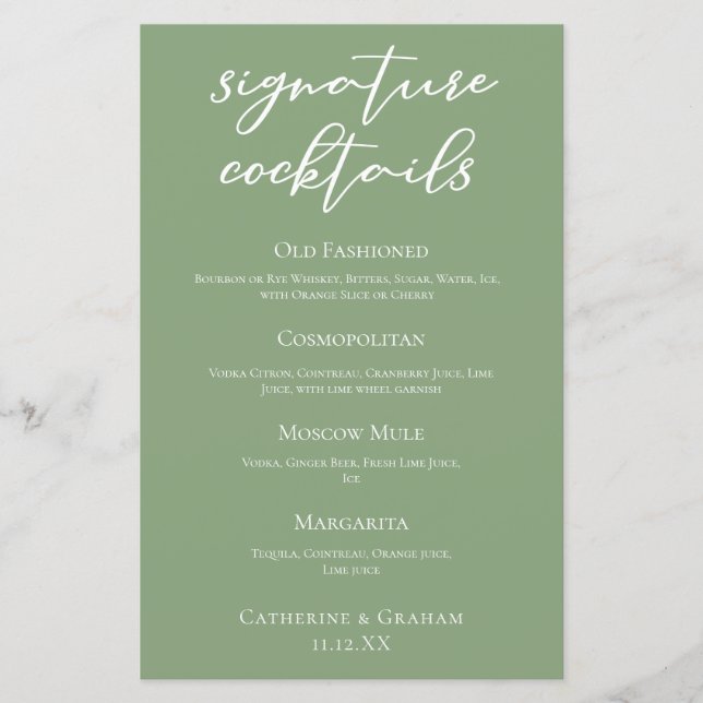 Sage Green Spring Wedding Signature Cocktails Menu (Front)