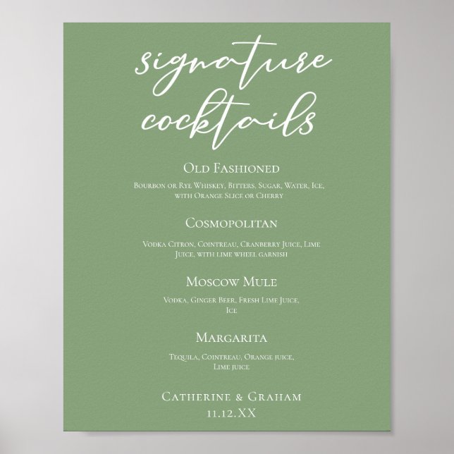 Sage Green Spring Wedding Signature Cocktails Menu Poster (Front)