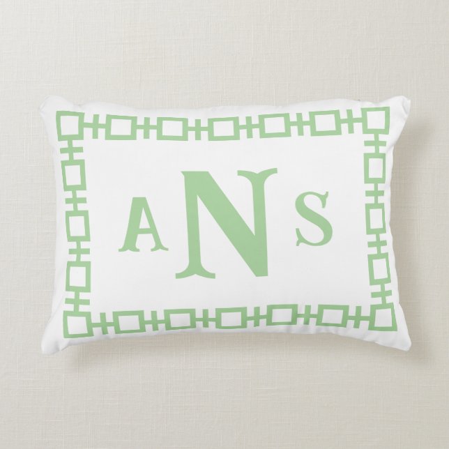 Sage Green Square Greek Key Monogram Accent Pillow (Front)