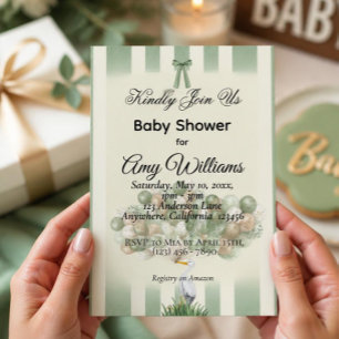 Sage Green Stork Baby Shower Invitation   Neutral 