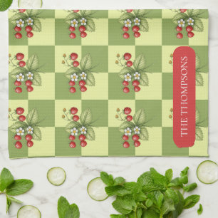 Sage Green Strawberry Chequerboard Cottagecore Kitchen Towel