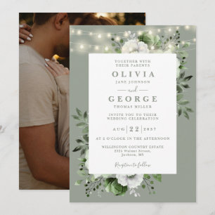 Sage Green String Lights Floral Photo Wedding Invitation