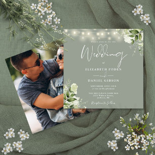Sage Green String Lights Floral Photo Wedding Invitation
