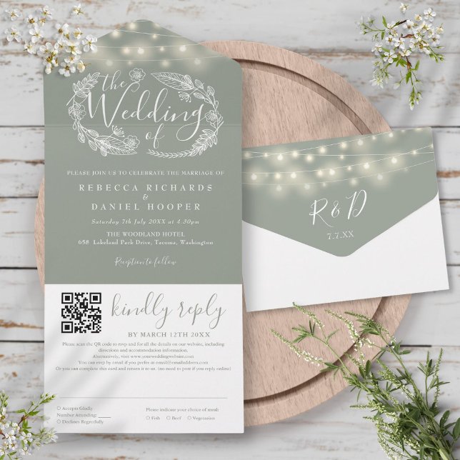 Sage Green String Lights Floral QR Code Wedding All In One Invitation (Sage Green String Lights Floral QR Code Wedding All In One Invitation)