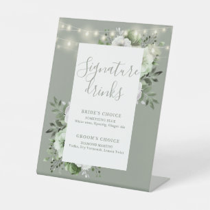 Sage Green String Lights Floral Signature Drinks Pedestal Sign