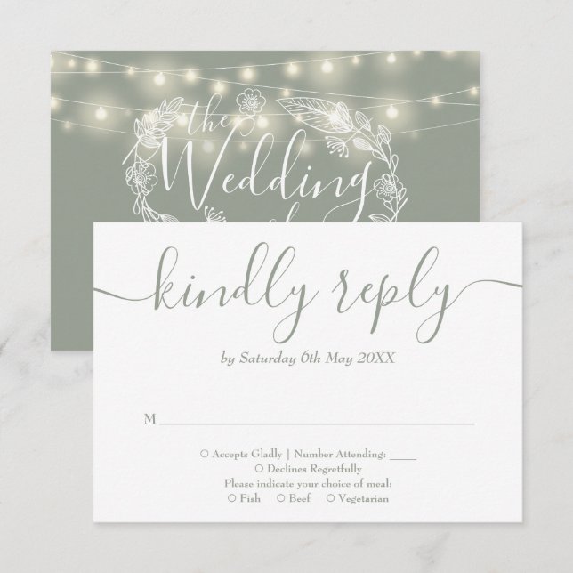 Sage Green String Lights Floral Wedding RSVP Card (Front/Back)