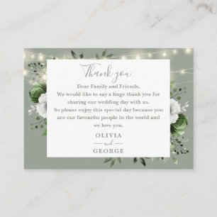 Sage Green String Lights Floral Wedding Thank You Place Card