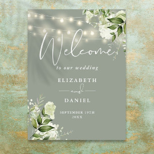 Sage Green String Lights Floral Wedding Welcome Poster
