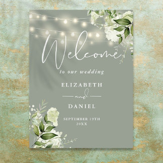 Sage Green String Lights Floral Wedding Welcome Poster