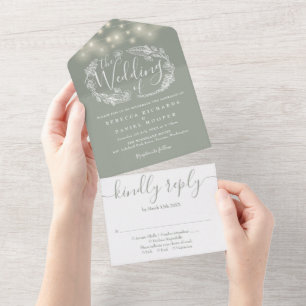 Sage Green String Lights Foliage Wedding All In One Invitation
