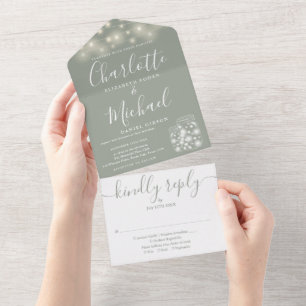 Sage Green String Lights Mason Jars Wedding All In One Invitation