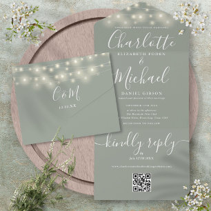 Sage Green String Lights QR Code Monogram Wedding  All In One Invitation