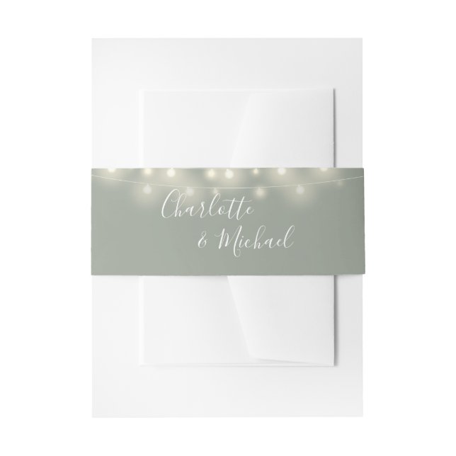 Sage Green String Lights Signature Script Invitation Belly Band (Front Example)