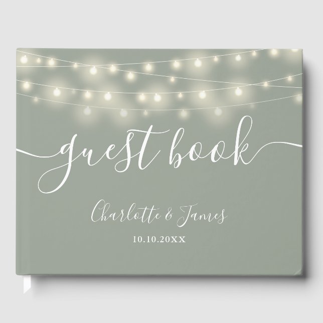 Sage Green String Lights Signature Script Wedding Guest Book (Front)