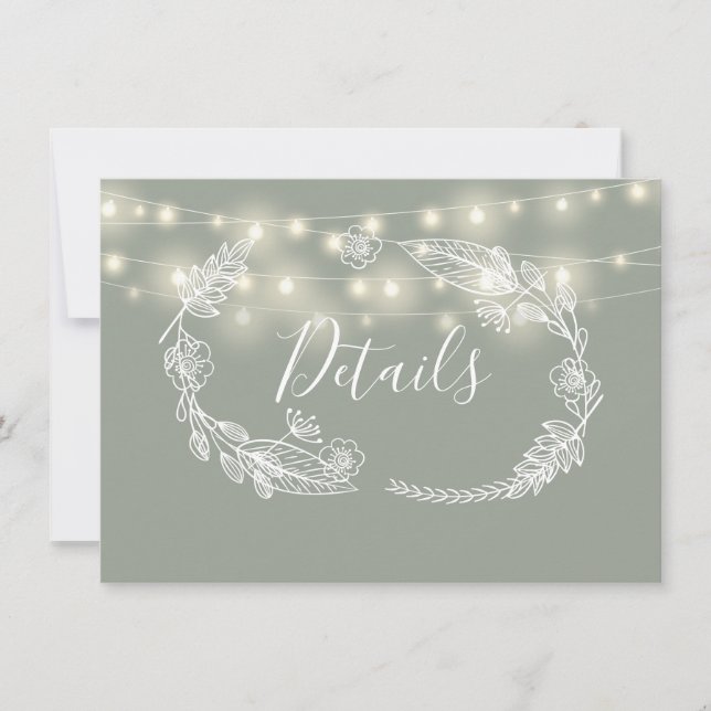 Sage Green String Lights Wedding Details Card (Front)