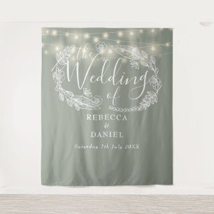 Sage Green String Lights Wedding Photo Backdrop Tapestry