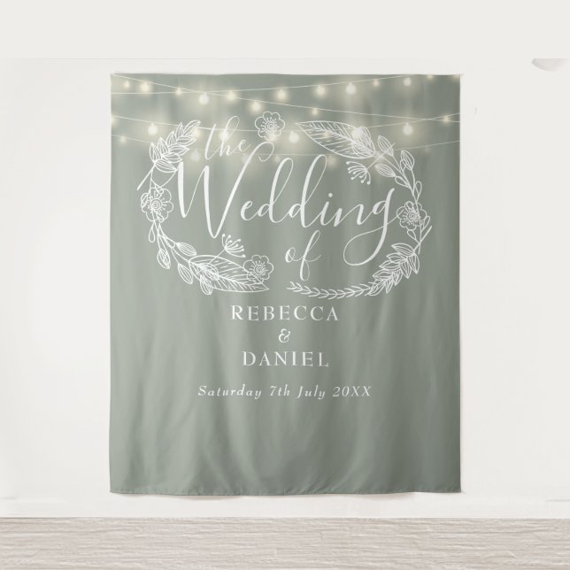 Sage Green String Lights Wedding Photo Backdrop Tapestry (Front)