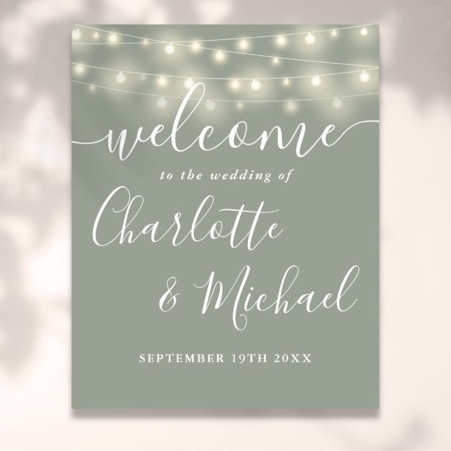 Sage Green String Lights Wedding Welcome Sign (Sage Green String Lights Wedding Welcome Sign)