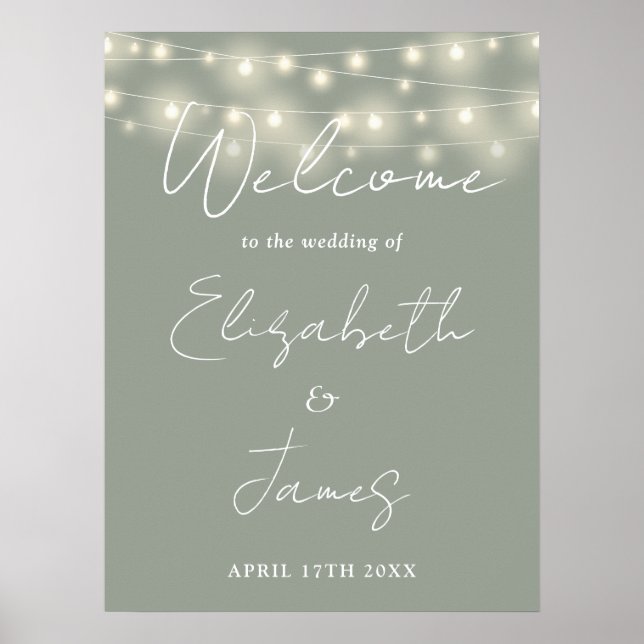 Sage Green String Lights Wedding Welcome Sign (Front)