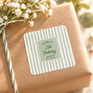 Sage Green Stripe 21st Birthday Coastal Chic Square Sticker