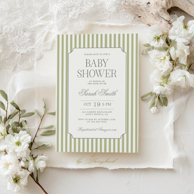 Sage Green Stripe Baby Shower Invitation (Creator Uploaded)