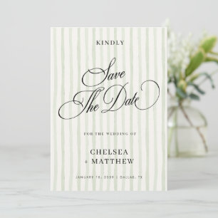 Sage Green Stripe Classic Script & Photo Wedding Save The Date