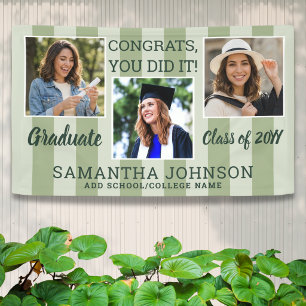 Sage Green Striped 3 Photo Collage Graduation Banner