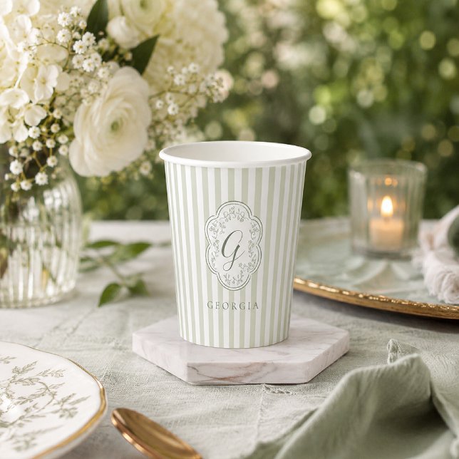 Sage Green Striped Botanical Monogram Paper Cups (Creator Uploaded)