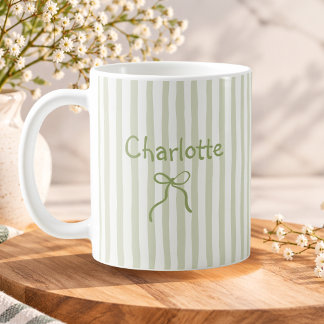 Sage Green Striped Bow Coquette Personalized Name Coffee Mug