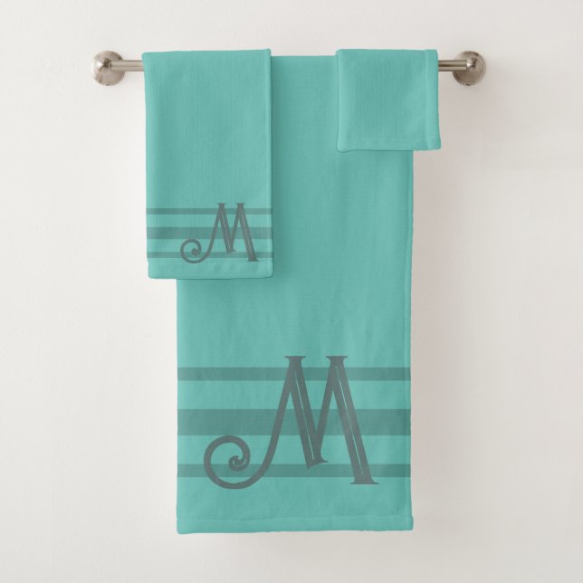 Sage Green Striped Custom Monogram Bath Towel Set (Insitu)