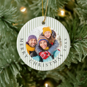 Sage Green Striped Family Photo Christmas Keepsake Ceramic Ornament