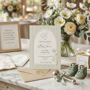 Sage Green Striped Floral Baby Shower Invitation