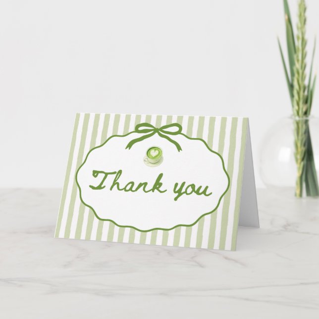 Sage Green Striped Frame Bow Matcha Thank you card (Front)